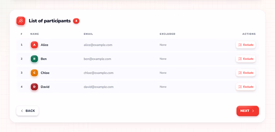 Step 2 participant list with an Exclude button for each person