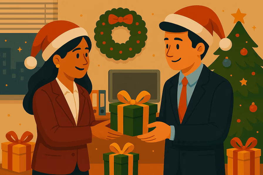 Coworkers exchanging holiday gifts in an office setting